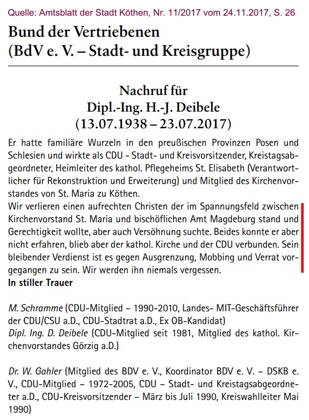 Nachruf für Hans-Jürgen Deibele; Quelle: Amtsblatt der Stadt Köthen, Nr. 11/2017 vom 24.11.2017, S. 26